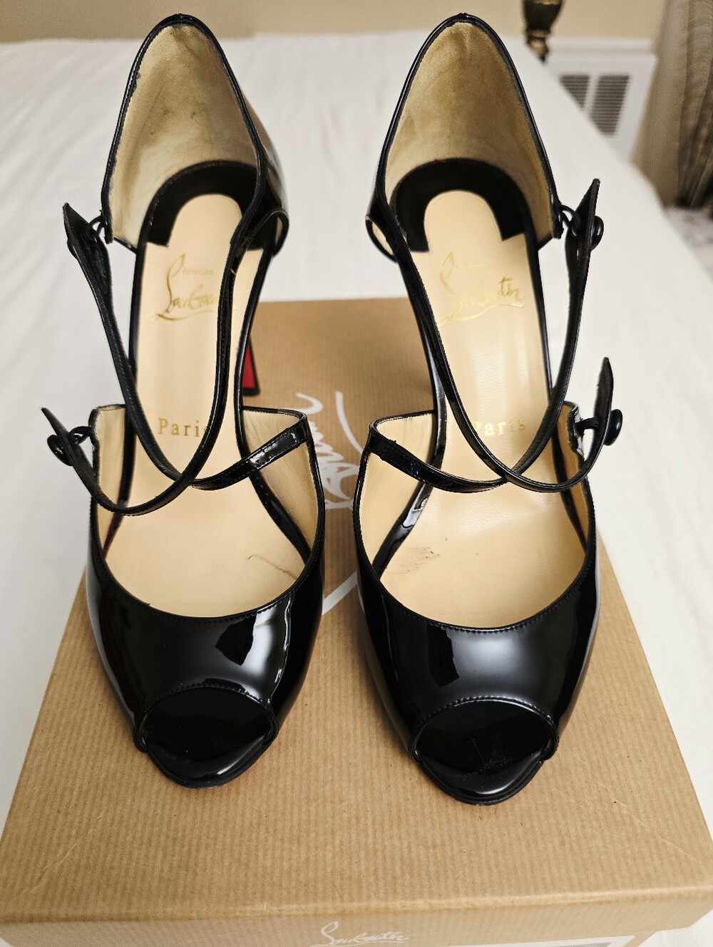 Christian Louboutin Black Patent Peep-Toe Strappy Pumps- Size 36